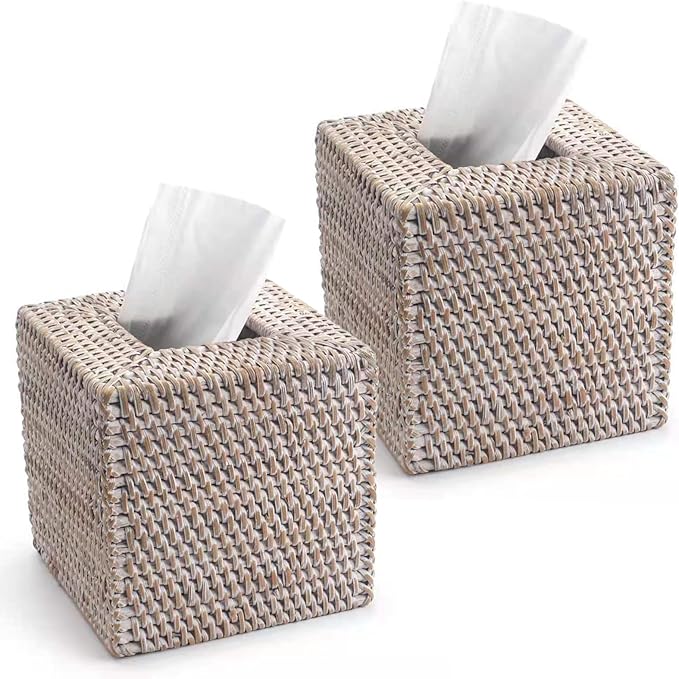 2 Pack Rattan Tissue Box Cover Square, Hand Woven Wicker Tissue Holder by YANGQIHOME