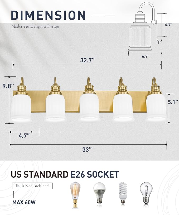 5-Light Bathroom Vanity Light, HWH Brushed Gold Bathroom Lighting Fixtures - Image 3