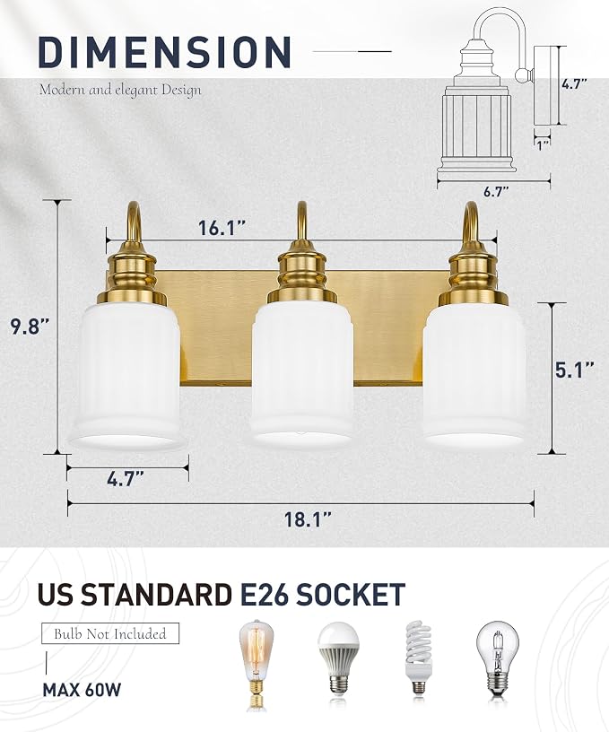 3-Light Bathroom Light Fixture, HWH Modern Vanity Light, Brushed Gold Wall - Image 3