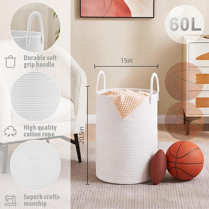 Laundry Basket, Woven Cotton Rope Laundry Hamper, 60L - Image 6