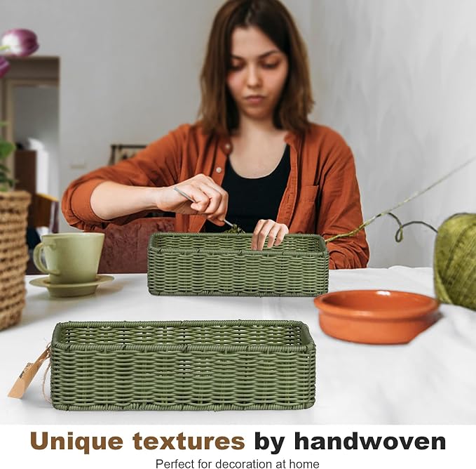 Small Resin Wicker Basket: Waterproof Sage Green Vanity Organizer 2-Pack - Image 6