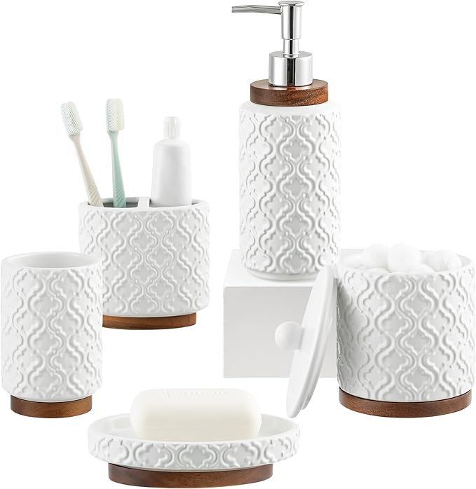 Elegant Bathroom Accessories Set 5 PCS Ceramic and Wood Bathroom Accessory Set by RQYIXI
