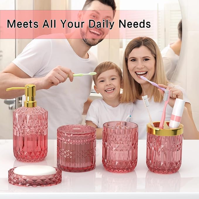 New Pink Glass Bathroom Accessories Set 5 Pcs, Soap Dispenser and Toothbrush - Image 2