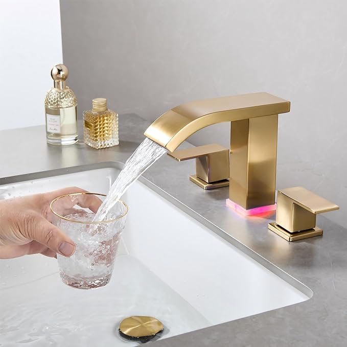Brushed Gold Waterfall Bathroom faucets, 8 inch Widespread Modern Sink Faucet - Image 6