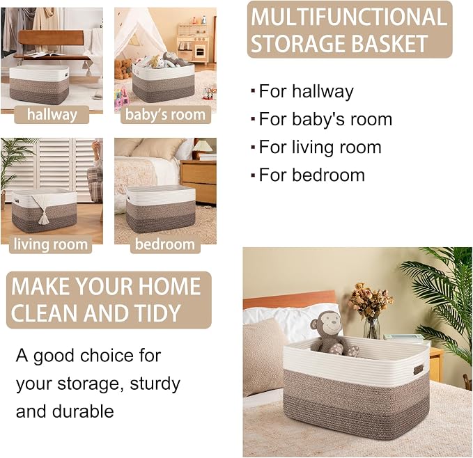 OIAHOMY Large Blanket Basket For Living Room, Rectangle Woven Baskets for - Image 4