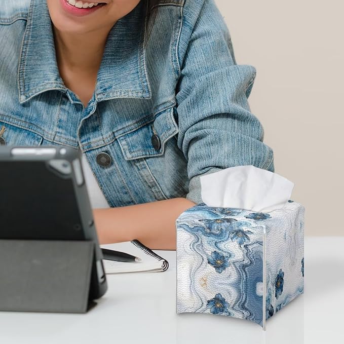 Blue Marble Flower Tissue Box Holder Waterproof PU Leather Square Modern Tissue - Image 6