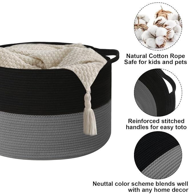 65L Large Blanket Basket, 19.7" L x 19.7" W x 13" H Rope Woven Baskets - Image 3