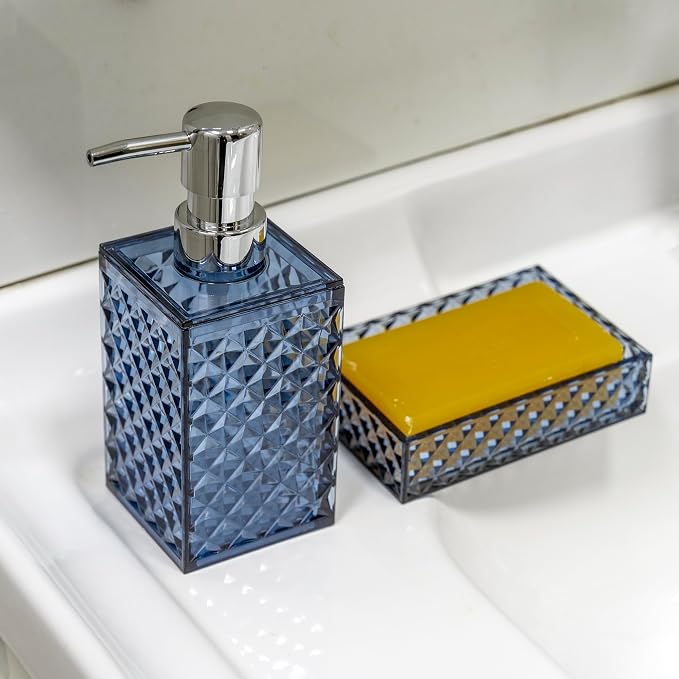 Blue Bathroom Accessories Set, Diamond Pattern Bathroom Soap Dispenser and - Image 6