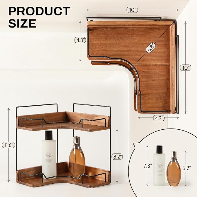 2-Tier Bathroom Counter Organizer, Wooden Corner Shelf - Image 2