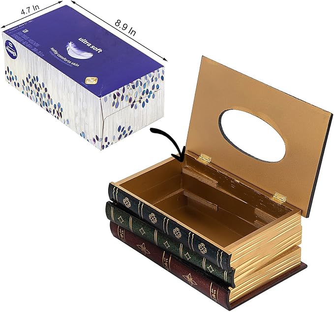 Crafted Classical Retro Wooden Antique Book Tissue Box Cover Rectangular Tissue - Image 2