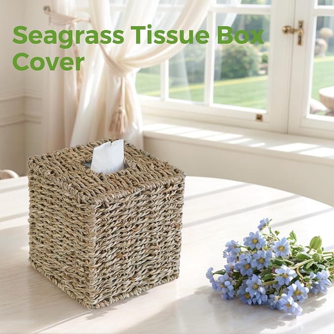 2 Pack Seagrass Tissue Box Cover, Wicker Tissue Box Holder Square, Hand Woven - Image 5