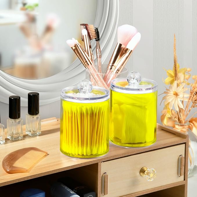 Yellow Qtip Holder Organizer Dispenser Cotton Swabs Cans Plastic Jars - Image 6
