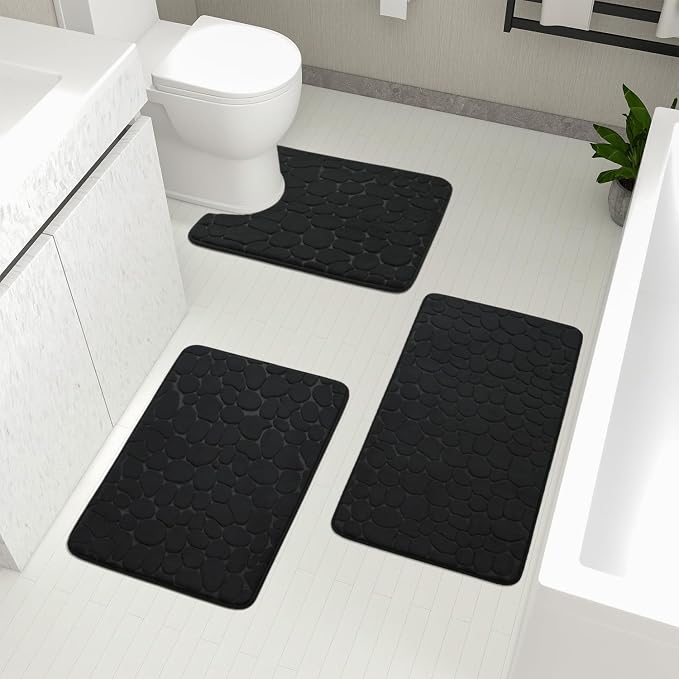 YIHOUSE Bathroom Rugs Mat Set 3 Piece Black, Memory Foam Bath Mats Sets by YIHOUSE