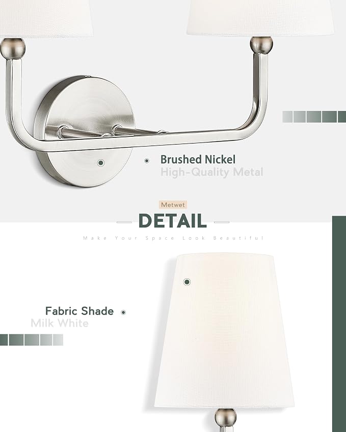 2-Light Bathroom Light Fixtures, Brushed Nickel Vanity Lights, Double Wall - Image 3