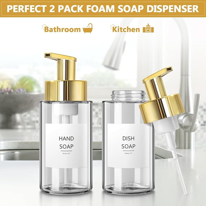 Foaming Soap Dispenser, 10 oz/300ml Gold Soap Dispenser, 2 Pack Glass Foaming - Image 2