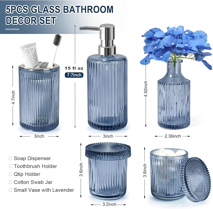Blue Bathroom Accessories 5 Pcs, Glass Bathroom Accessory Set, Vintage Blue - Image 2