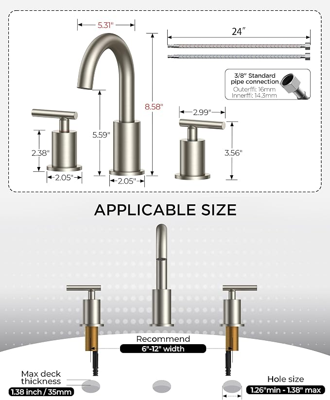FORIOUS 2 Pack Brushed Nickel Bathroom Faucet 3 Hole - Image 6