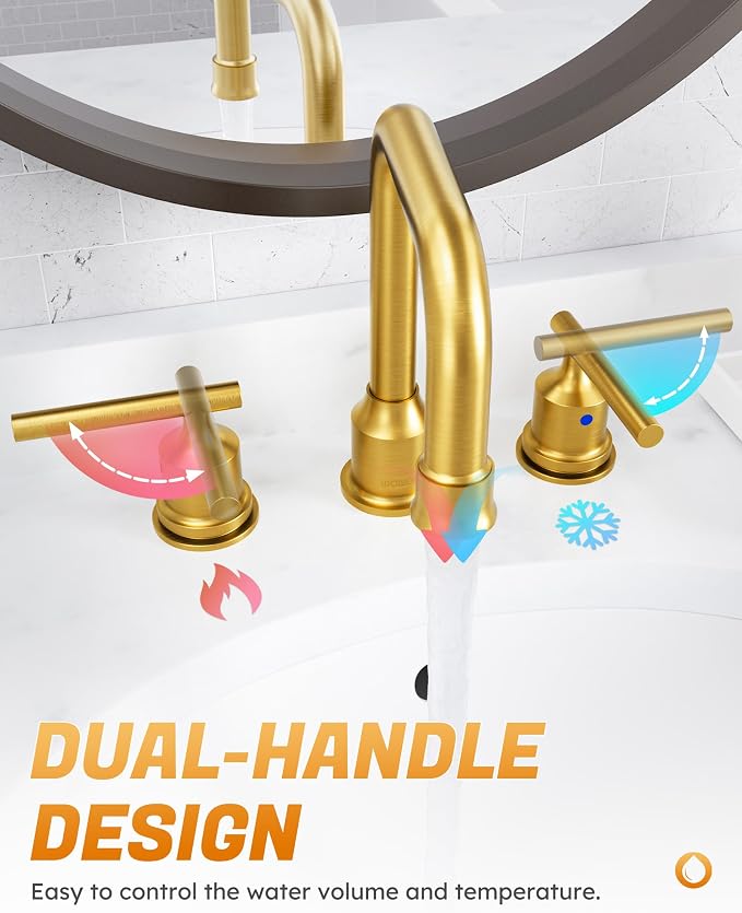 WOWOW Brushed Gold Bathroom Faucet Widespread Bathroom Sink Faucet 2 Handle - Image 5