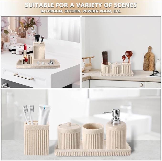 Resin Beige Bathroom Accessories Set 5 Pcs, Lotion Soap Dispenser, Toothbrush - Image 6