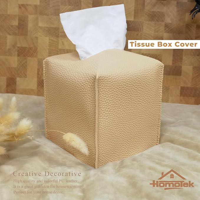 HOMOTEK 2 Pack Tissue Box Cover, Square PU Leather Tissue Holder, Decorative - Image 4