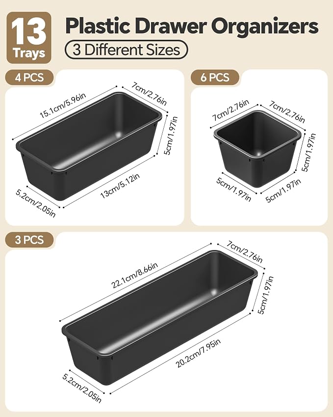 13 Pack Plastic Drawer Organizers Set, 3 Sizes Desk Drawer Organizer Trays - Image 2