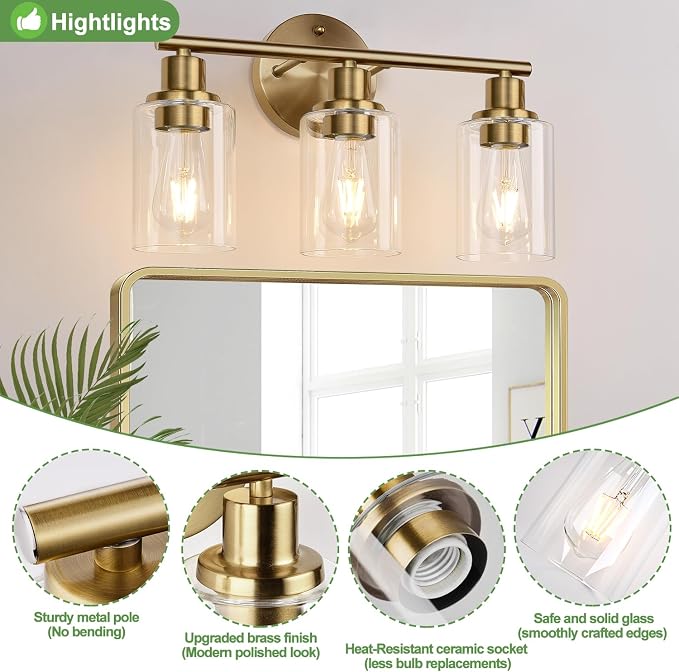 3-Light Bathroom Light Fixtures, Brushed Brass Bathroom Wall Lights - Image 4