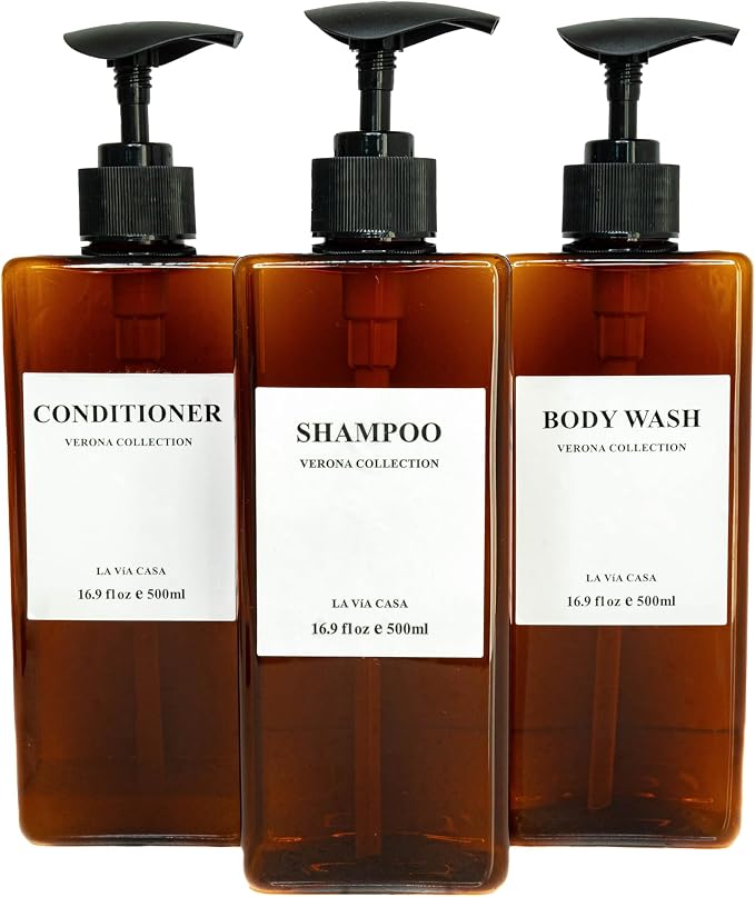 Shampoo and Conditioner Dispenser | 3 Plastic Amber | Shampoo Dispenser by LaViaCasa-WhereEcoLuxuryMeetsStylishSpaces