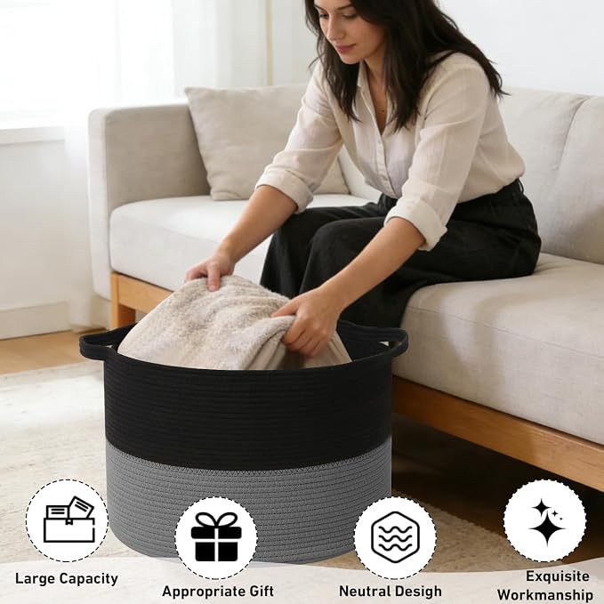 65L Large Blanket Basket, 19.7" L x 19.7" W x 13" H Rope Woven Baskets - Image 4