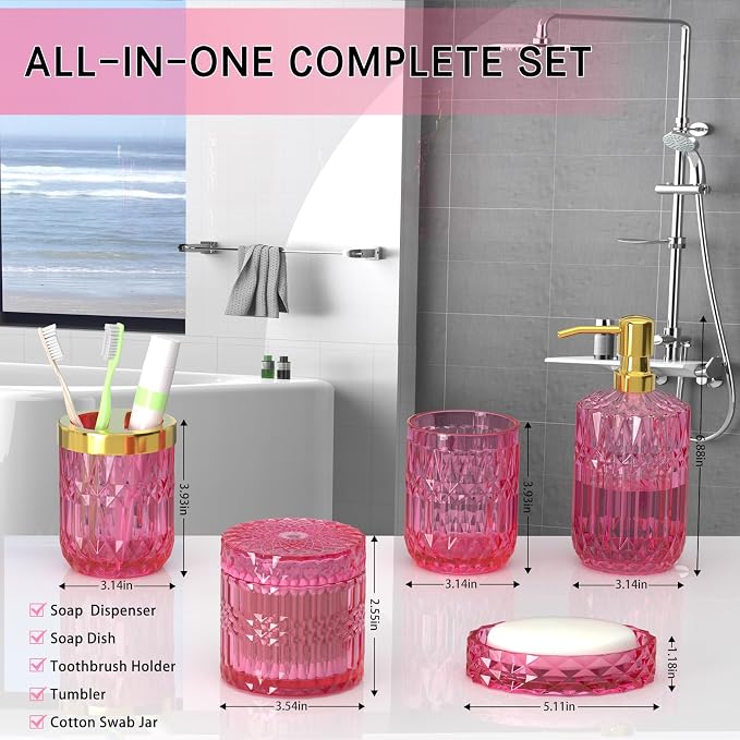 Hot-Pink Glass Bathroom Accessories Set 5 Pcs, Hot-Pink Bathroom Set, Soap - Image 6