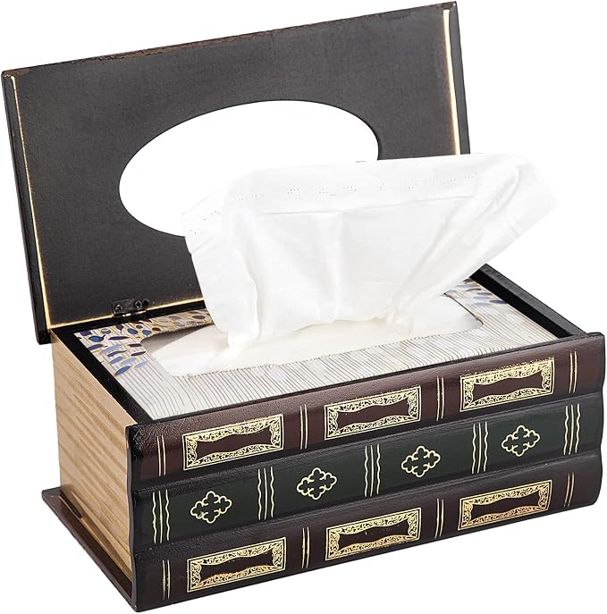 Crafted Classical Retro Wooden Antique Book Tissue Box Cover Rectangular Tissue - Image 2