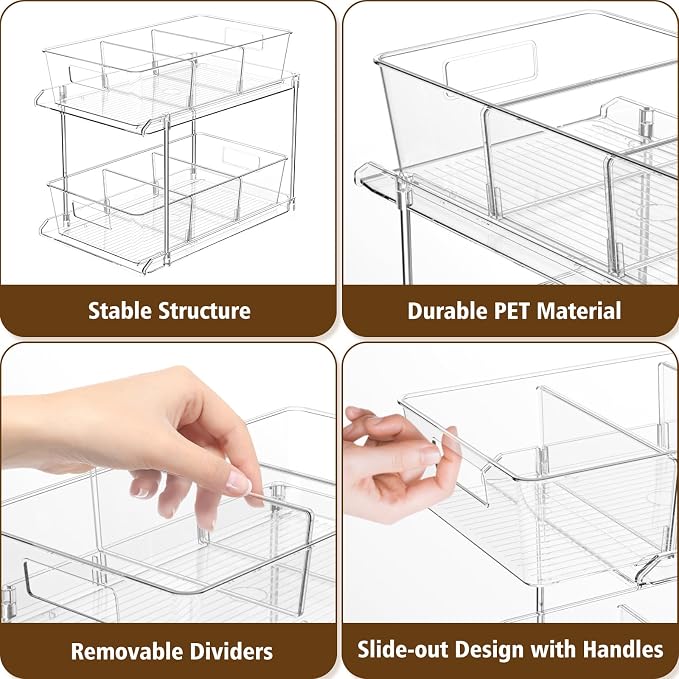3-Pack Pull-Out Home Organizers, 2 Tier Clear Bathroom Organizer - Image 3