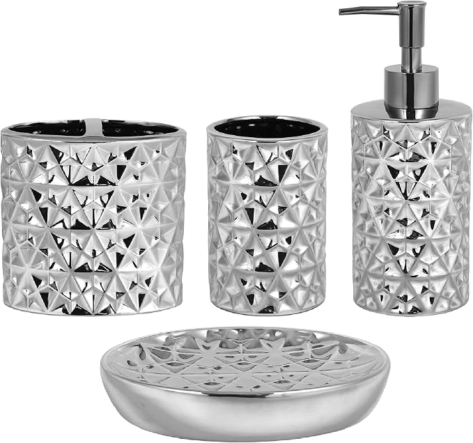 Silver Bathroom Accessories Set, 4 Piece Ceramic Bath Accessory Sets Complete by RXLVCKY
