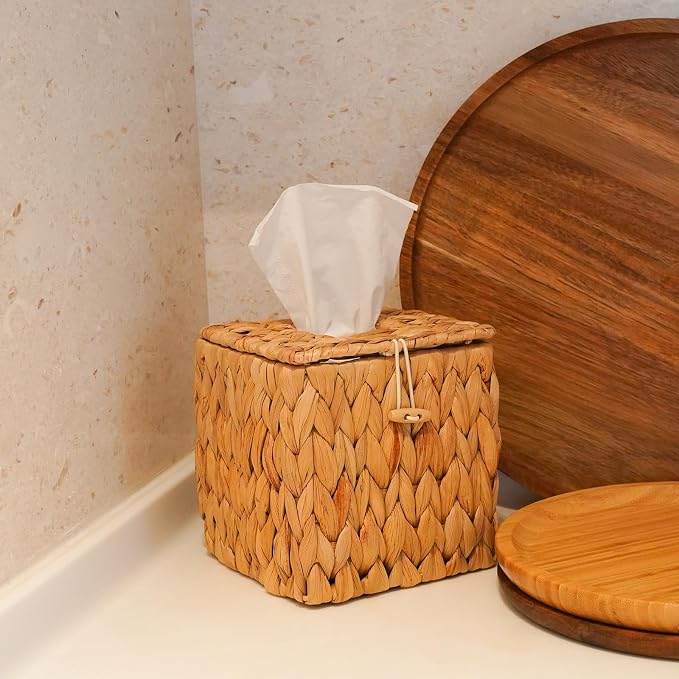 PINXIURY Tissue Box Cover Square Handwoven Rattan Tissue Box Holder, Natural - Image 5