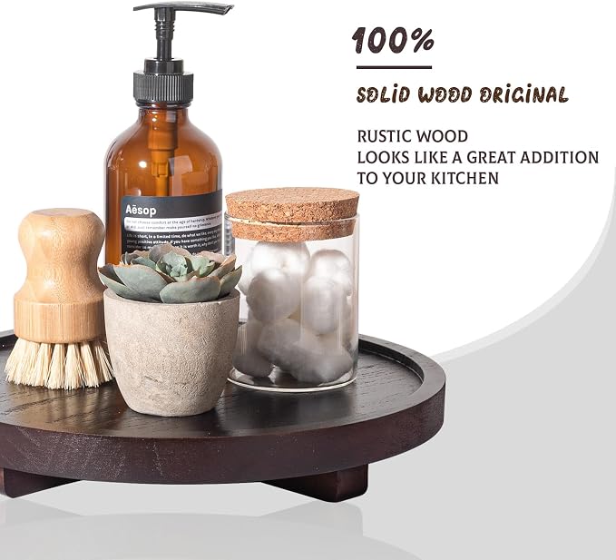 Round Decorative Tray Wood Bathroom Counter Organizer Farmhouse Kitchen Decor - Image 4
