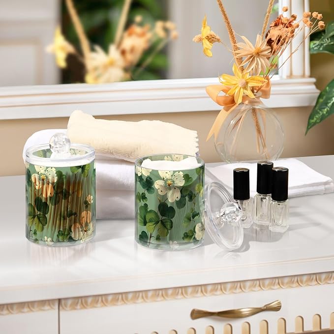 2 Pack Qtip Holder Dispenser for Cotton Ball White Flower Green Leaves Swab - Image 7