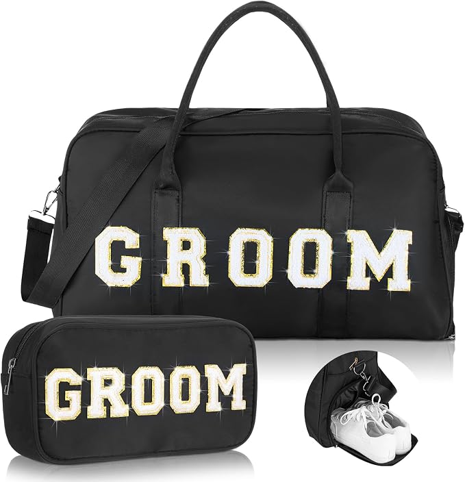 2 Pcs Wedding Weekender Bag Bride Groom Duffle Bag Chenille Letter Patch Travel by Bulyoou