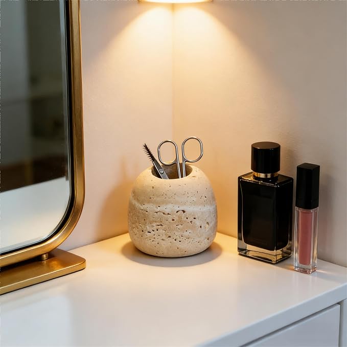 Travertine Match and Toothpick Holder Cute Beige Multi-Purpose Storage Jar - Image 6