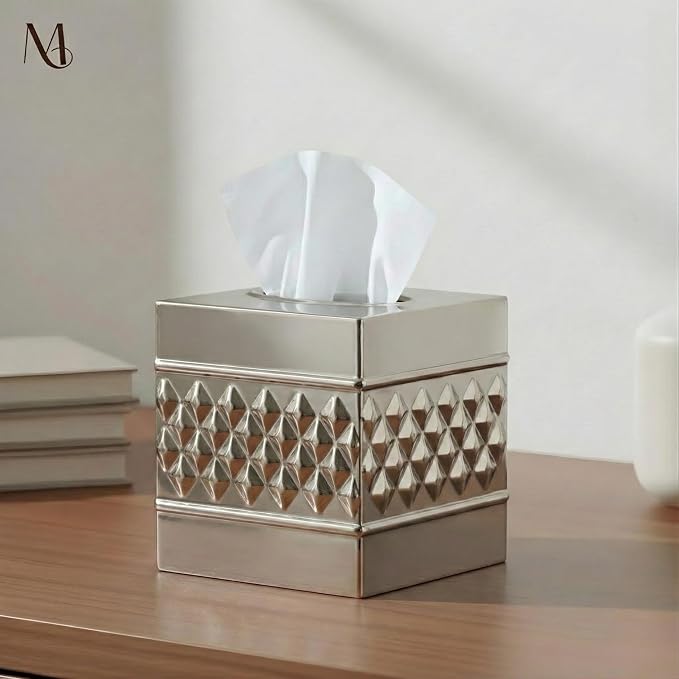 Monarch Abode Tissue Box Cover Square – Handcrafted Geo Embossed Nickel Chrome - Image 2