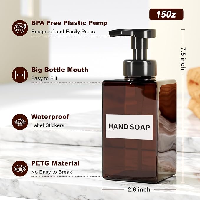 Amber Foaming Soap Dispenser, Refillable Foam Hand Soap Dispenser - Image 2