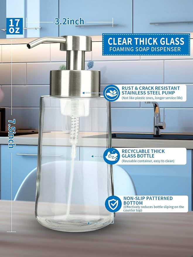 Doiliese Foaming Hand Soap Dispenser Set, 16 oz Large Glass Soap Dispenser - Image 2