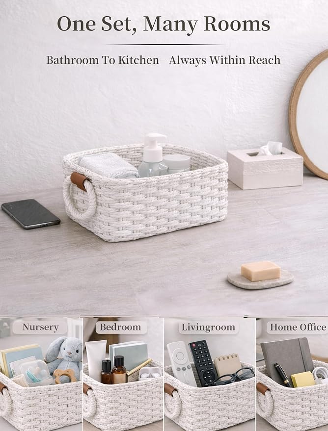 Storage Basket, Recycled Paper Rope Bathroom Basket Organizer, Mini wicker - Image 6