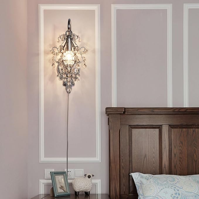 Silver Crystal Vintage Plug in Wall Sconces Set of 2 Indoor Wall Light Fixture - Image 3