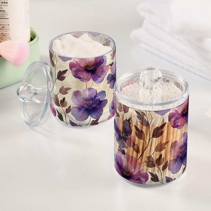 ALAZA 4 Pack Qtip Holder Dispenser Purple Tulip Flower Beige Cotton Ball Cotton - Image 2