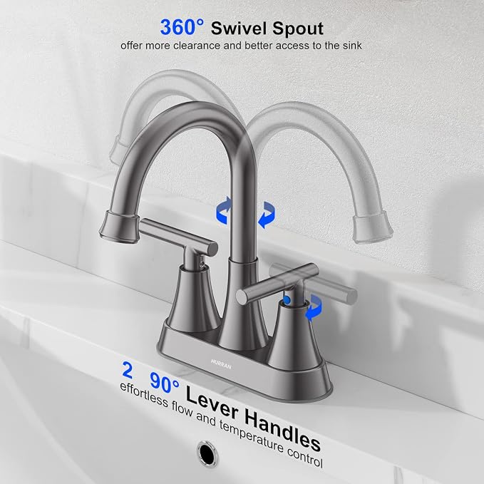 Bathroom Faucets for Sink 3 Hole, Hurran 4 inch Brushed Grey Bathroom Sink - Image 3