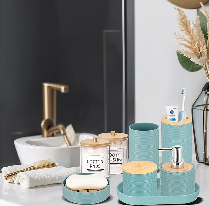 IMAVO Blue Bathroom Set, Trash Can, Soap Dispenser, Soap Dish, Toothbrush Holder - Image 5