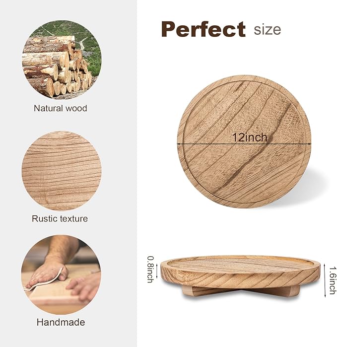 Round Decorative Tray Wood Bathroom Counter Organizer Farmhouse Kitchen Decor - Image 3