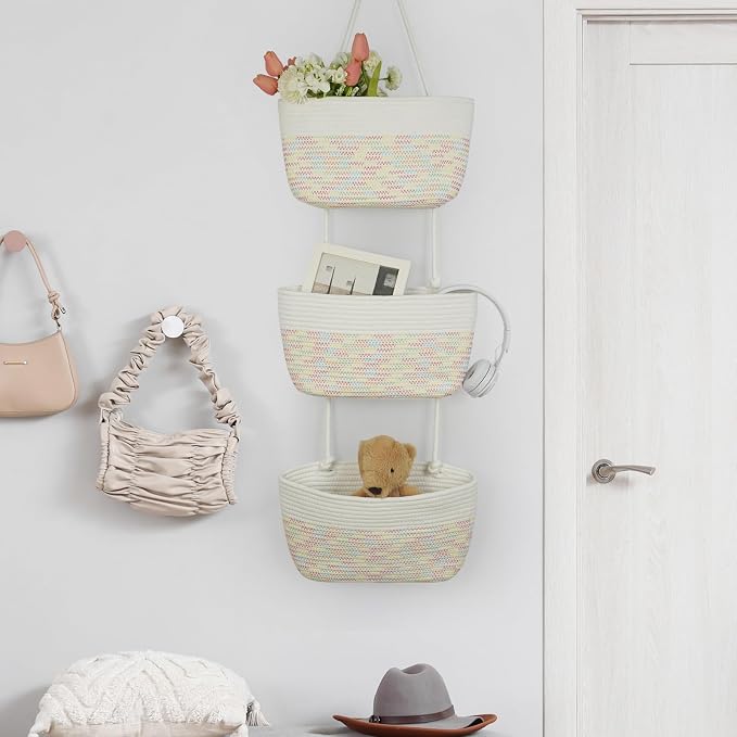 TeoKJ 3-Tier Woven Cotton Wall-Mounted Hanging Storage Baskets, Over the Door - Image 3