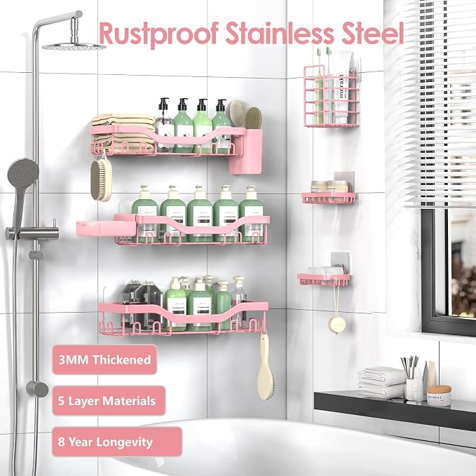 Shower Caddy Adhesive Shower Organizer 8-Pack, Rustproof Stainless Steel - Image 5