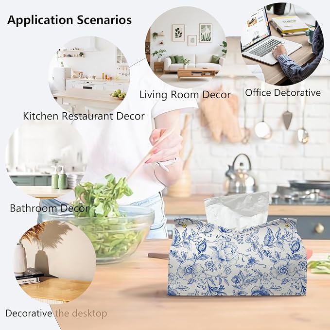 Blue Chinoiserie Tissue Box Cover Rectangle, PU Leather Decorative Facial Paper - Image 4