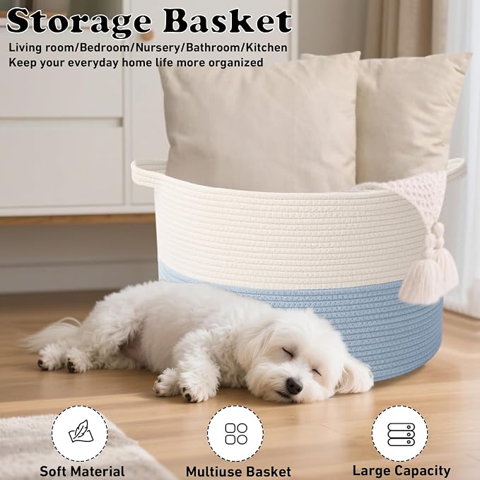 65L Large Blanket Basket, 19.7" L x 19.7" W x 13" H Rope Woven Baskets - Image 6